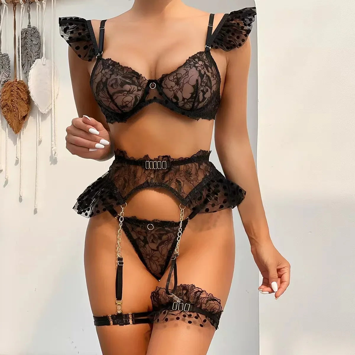 Toucheart 7PCS Lace See-through Underwear Garters Slim Backless Spaghetti Strap Mesh Set