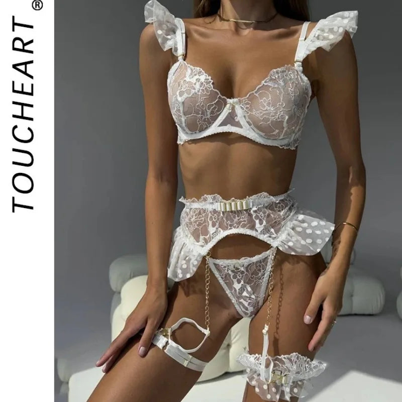 Toucheart 7PCS Lace See-through Underwear Garters Slim Backless Spaghetti Strap Mesh Set