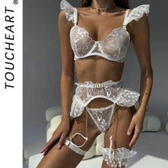 Toucheart 7PCS Lace See-through Underwear Garters Slim Backless Spaghetti Strap Mesh Set