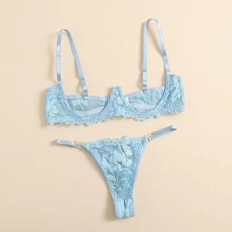 Toucheart Adult Lingerie Set Low-Cut Breast-Exposing Lace Embroidery See-Through Open-Back No-Removal Wear Underwear