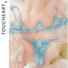 Toucheart Adult Lingerie Set Low-Cut Breast-Exposing Lace Embroidery See-Through Open-Back No-Removal Wear Underwear