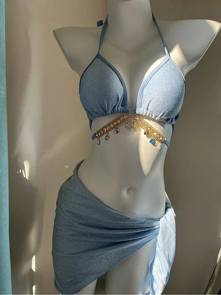 Toucheart Bikini Set Bikinis Bathing Suit Solid Color Halter Neck Strap Thong Swimsuit Set Beach Swimwear