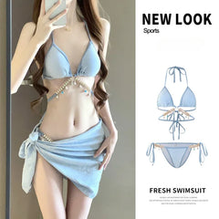 Toucheart Bikini Set Bikinis Bathing Suit Solid Color Halter Neck Strap Thong Swimsuit Set Beach Swimwear