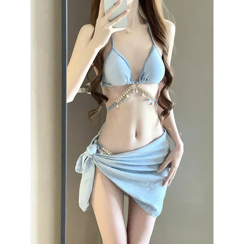 Toucheart Bikini Set Bikinis Bathing Suit Solid Color Halter Neck Strap Thong Swimsuit Set Beach Swimwear