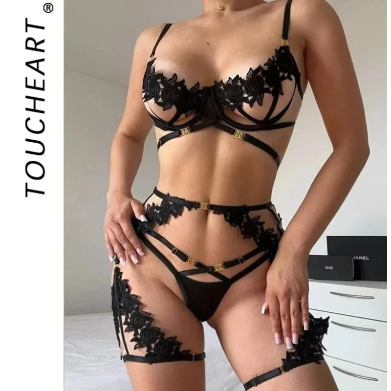 Toucheart Black See-through Mesh Underwear High Waisted Steel Ring Underwear Set