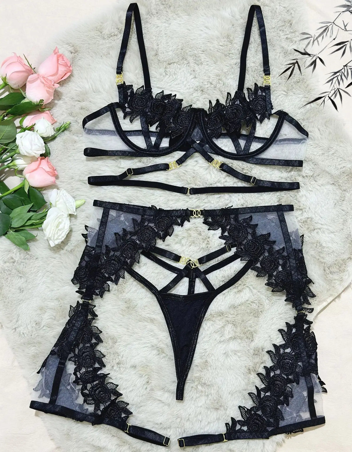 Toucheart Black See-through Mesh Underwear High Waisted Steel Ring Underwear Set