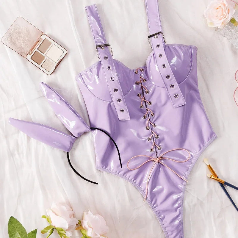 Toucheart Bunny Girl Lingerie PU Leather High Waist Strap Bunny Girl Jumpsuit Female Erotic Underwear