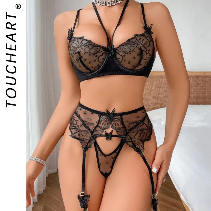 Toucheart Butterfly Lingerie Set Halter Bra Transparent Sissy Outfit Polka Dot Ensemble 3-Piece Underwear Fancy Lace Set