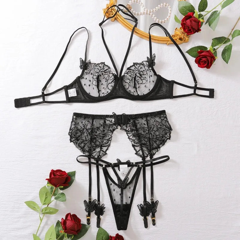Toucheart Butterfly Lingerie Set Halter Bra Transparent Sissy Outfit Polka Dot Ensemble 3-Piece Underwear Fancy Lace Set