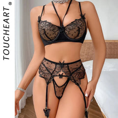 Toucheart Butterfly Lingerie Set Halter Bra Transparent Sissy Outfit Polka Dot Ensemble 3-Piece Underwear Fancy Lace Set