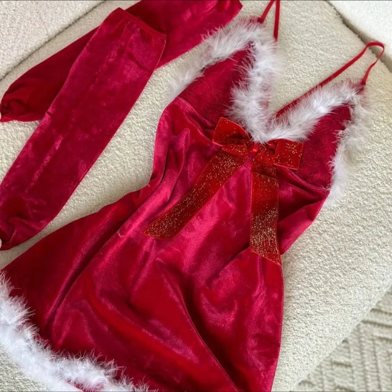Toucheart Christmas Cute Sleeping Skirt with Gloves Bow Knot Decor Pure Desire Backless Intimate Set