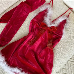 Toucheart Christmas Cute Sleeping Skirt with Gloves Bow Knot Decor Pure Desire Backless Intimate Set