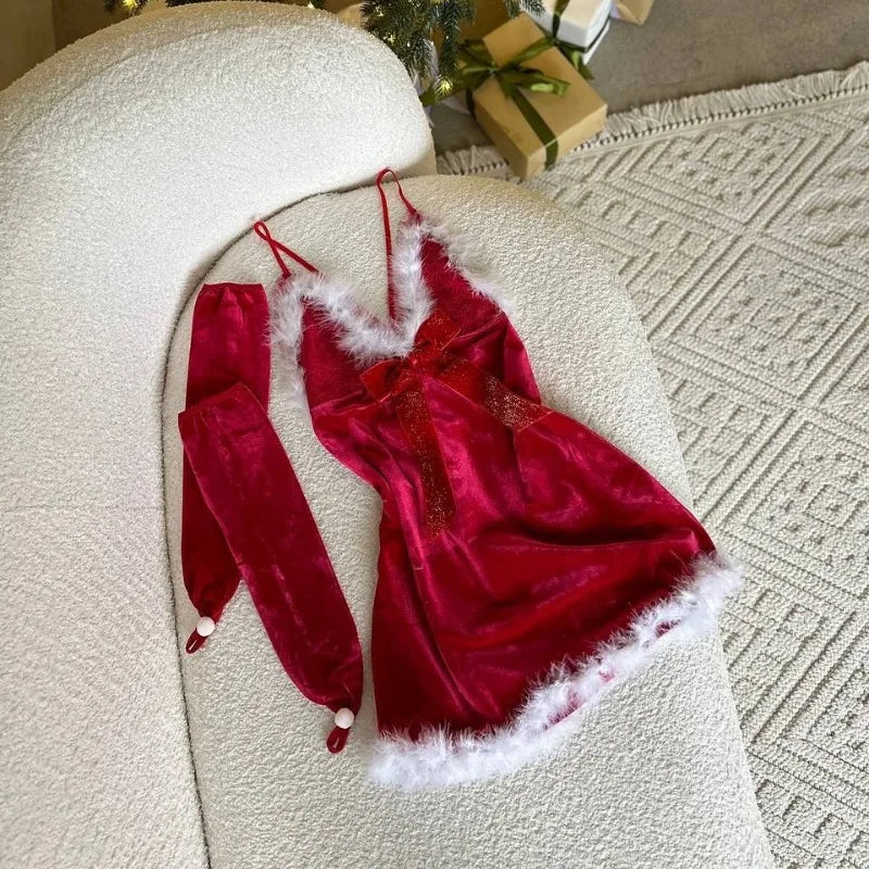 Toucheart Christmas Cute Sleeping Skirt with Gloves Bow Knot Decor Pure Desire Backless Intimate Set