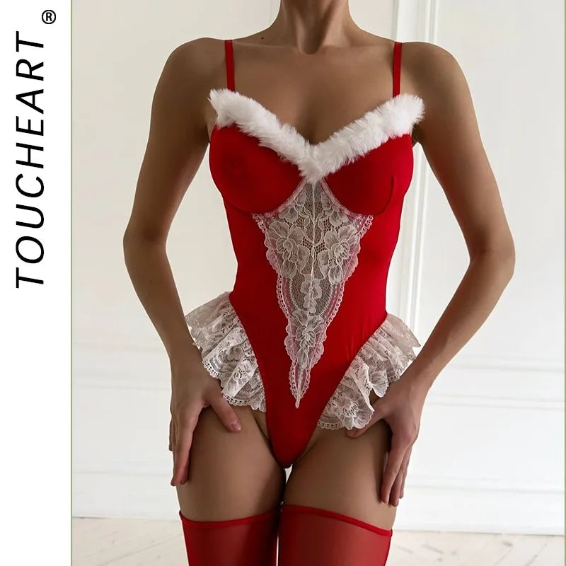 Toucheart Christmas Erotic Bodysuit Game Role Playing White Lace with Fishnet Stockings  Pure Desire Christmas Limited