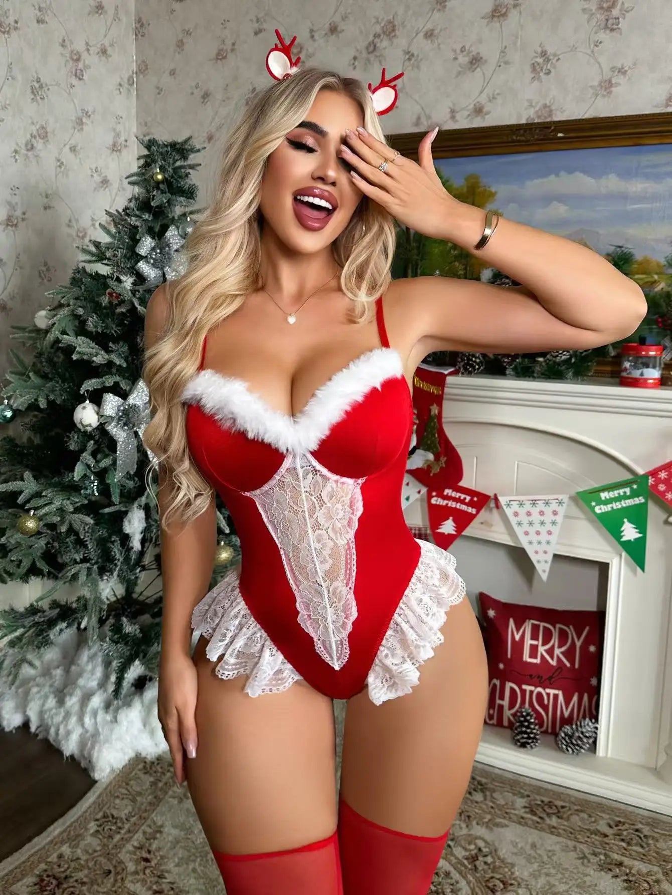 Toucheart Christmas Erotic Bodysuit Game Role Playing White Lace with Fishnet Stockings  Pure Desire Christmas Limited