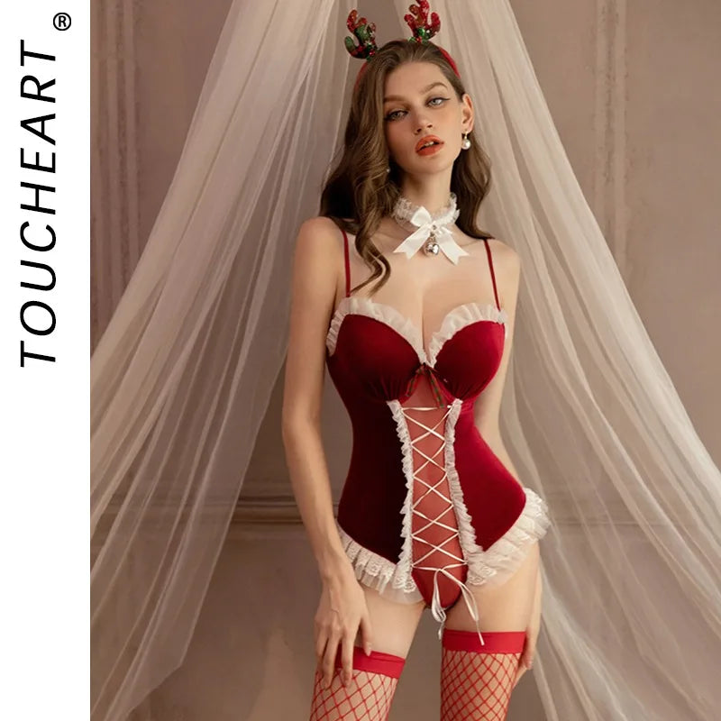Toucheart Christmas Erotic Bodysuit Sling Open Crotch Body Shaping Pure Desire GirlPremium Intimate Underwear Set