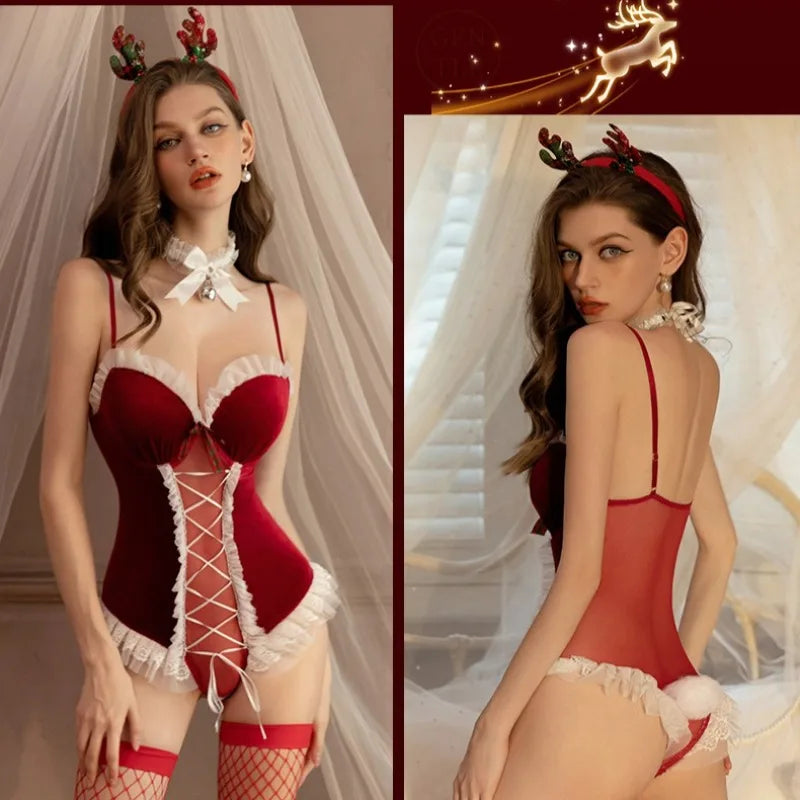 Toucheart Christmas Erotic Bodysuit Sling Open Crotch Body Shaping Pure Desire GirlPremium Intimate Underwear Set