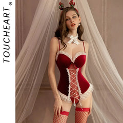 Toucheart Christmas Erotic Bodysuit Sling Open Crotch Body Shaping Pure Desire GirlPremium Intimate Underwear Set
