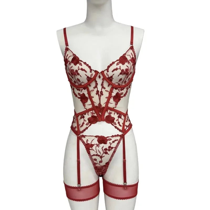 Toucheart Christmas Erotic Lingerie Embroidery Mesh See-through Body Shaping Pure Desire Underwear Set