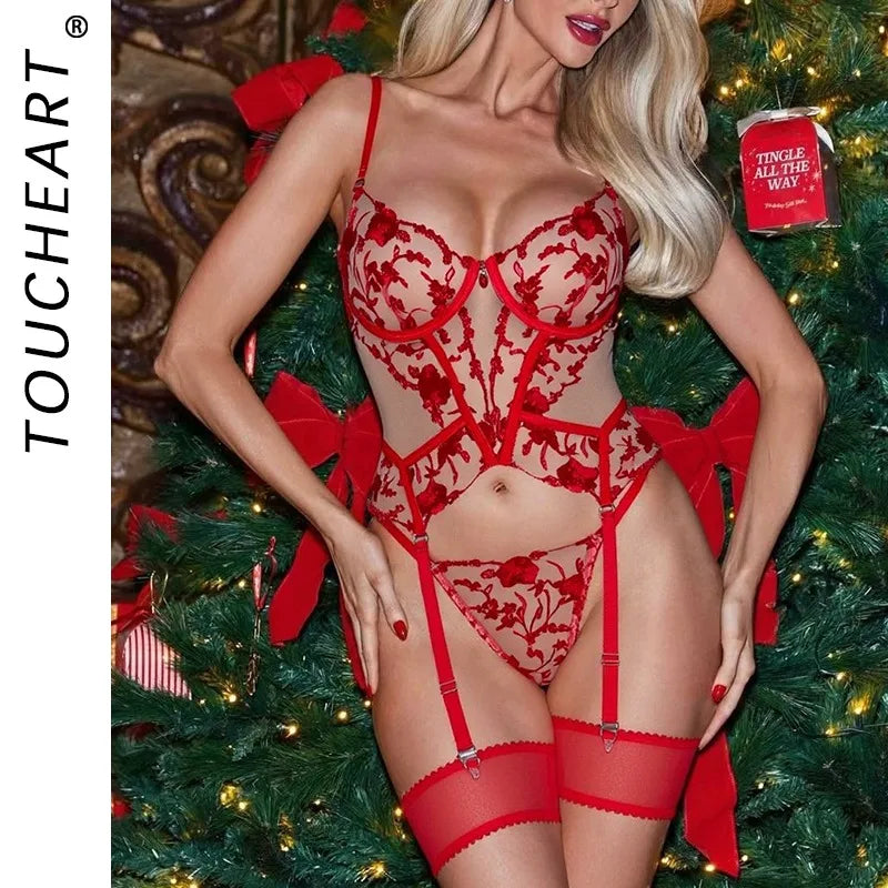 Toucheart Christmas Erotic Lingerie Embroidery Mesh See-through Body Shaping Pure Desire Underwear Set