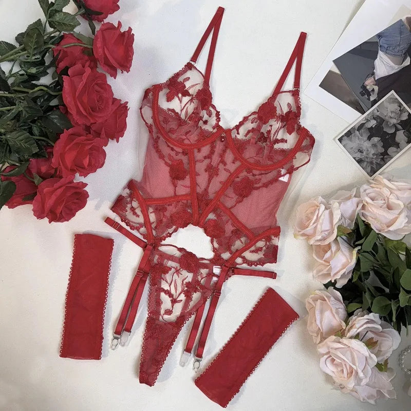 Toucheart Christmas Erotic Lingerie Embroidery Mesh See-through Body Shaping Pure Desire Underwear Set