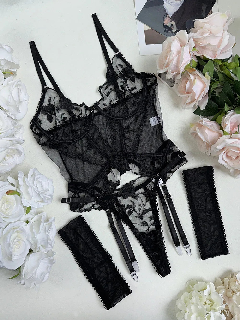 Toucheart Christmas Erotic Lingerie Embroidery Mesh See-through Body Shaping Pure Desire Underwear Set