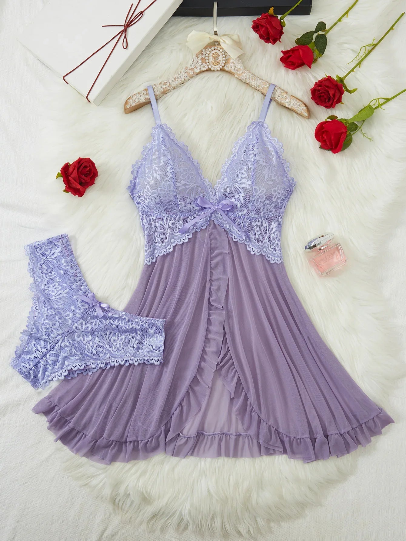 Toucheart Contrast Lace Nightgown Deep V Backless Bow Slip Dress See-Through Slit Lace Pajama 2-Piece Set With Thong