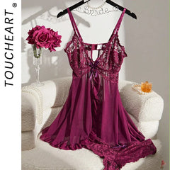 Toucheart Contrast Lace Nightgown Deep V Backless Bow Slip Dress See-Through Slit Lace Pajama 2-Piece Set With Thong