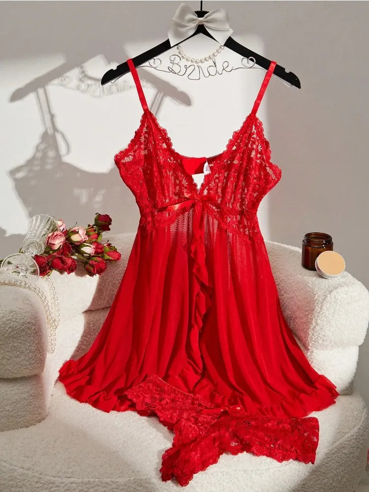 Toucheart Contrast Lace Nightgown Deep V Backless Bow Slip Dress See-Through Slit Lace Pajama 2-Piece Set With Thong
