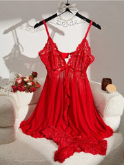 Toucheart Contrast Lace Nightgown Deep V Backless Bow Slip Dress See-Through Slit Lace Pajama 2-Piece Set With Thong