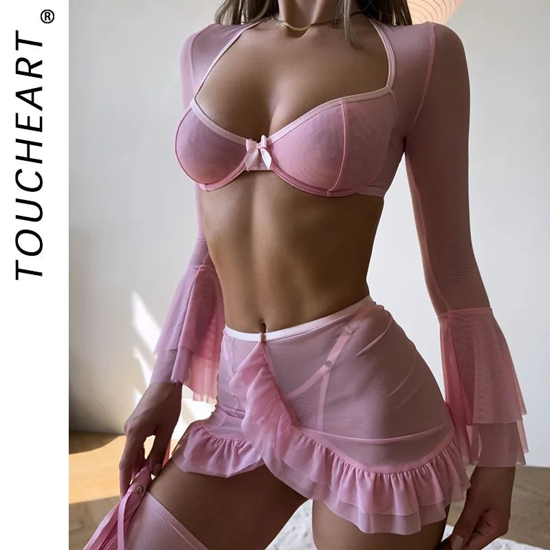Toucheart Cute Erotic Lingerie One Shoulder Bow Knot Decor Elegant Sissy Charming Underwear Set