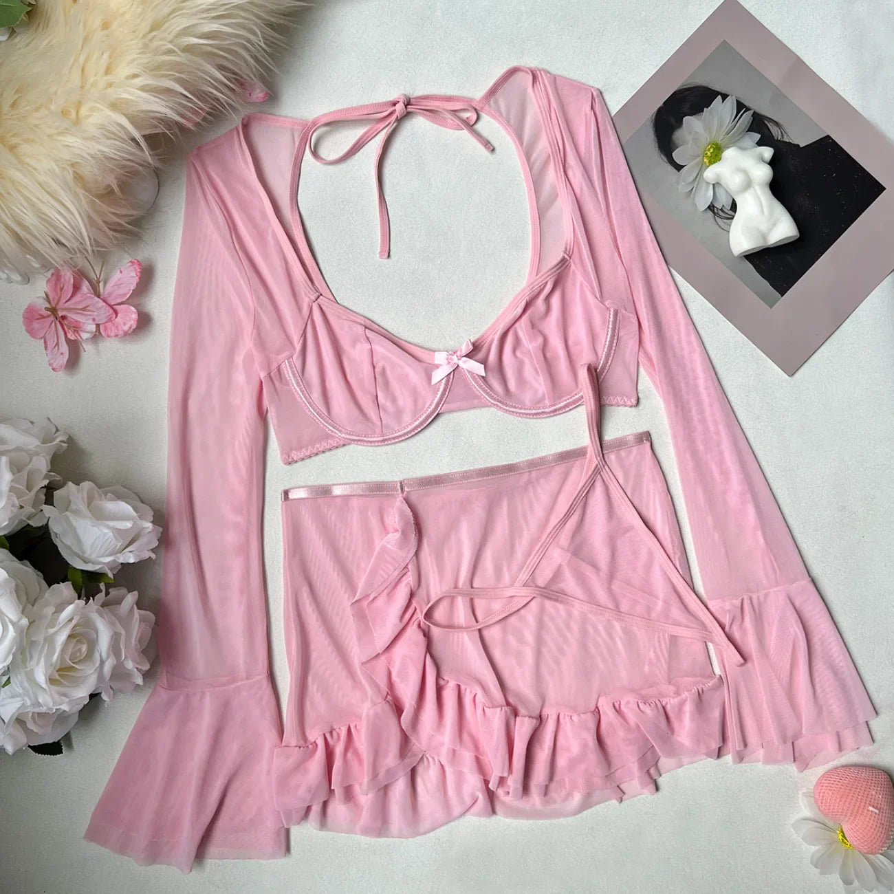 Toucheart Cute Erotic Lingerie One Shoulder Bow Knot Decor Elegant Sissy Charming Underwear Set