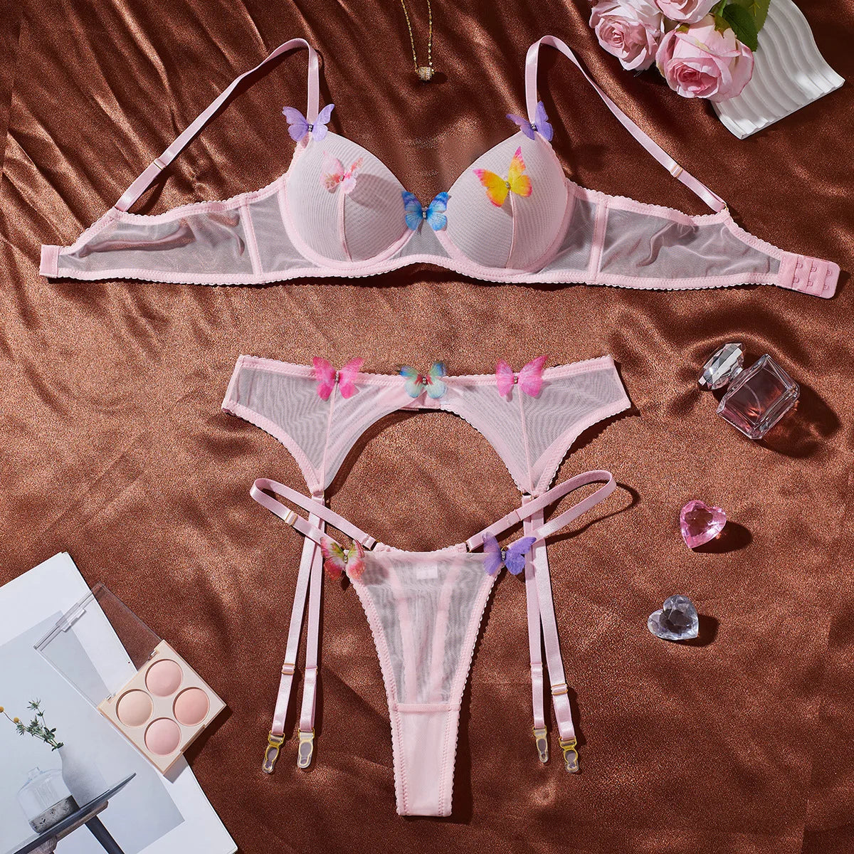 Toucheart Cute Lingerie Mesh Bow Knot Decor See-through Pure Desire Bodyshaping Erotic Romantic Intimate Lace Underwear Set