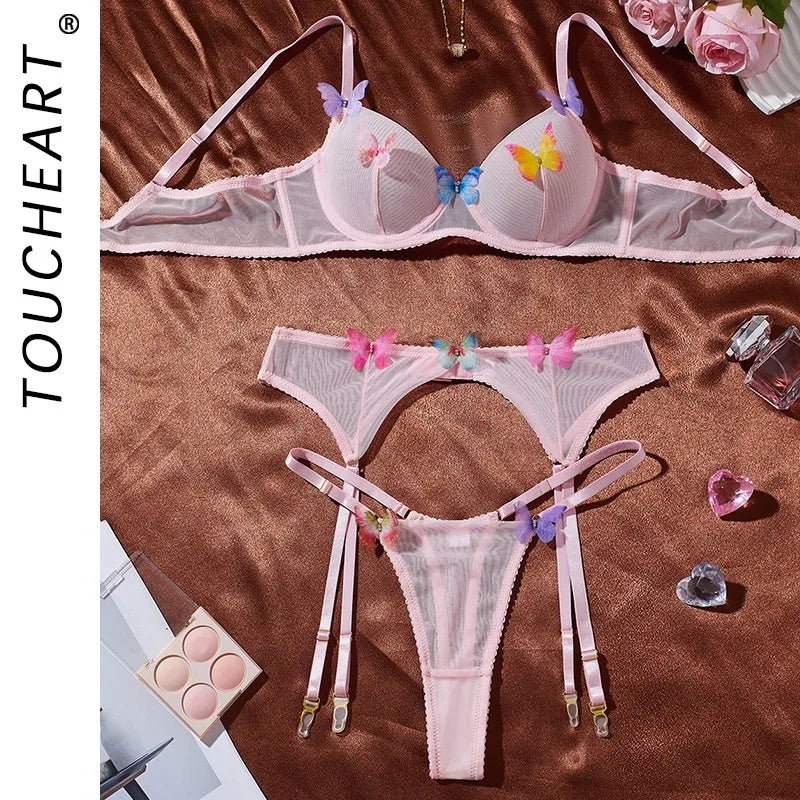 Toucheart Cute Lingerie Mesh Bow Knot Decor See-through Pure Desire Bodyshaping Erotic Romantic Intimate Lace Underwear Set