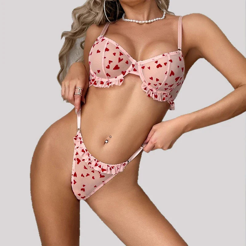 Toucheart Cute Underwear Panty Thin Model Mesh Printing Slim Plunge Elegant Charming Lingerie Set