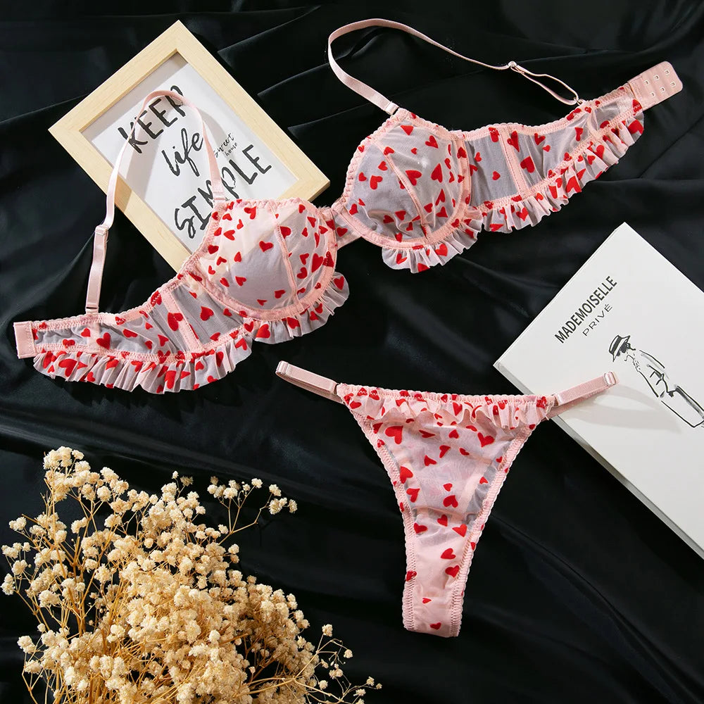 Toucheart Cute Underwear Panty Thin Model Mesh Printing Slim Plunge Elegant Charming Lingerie Set