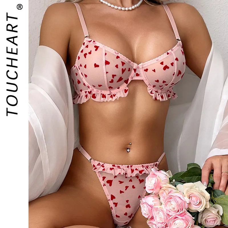 Toucheart Cute Underwear Panty Thin Model Mesh Printing Slim Plunge Elegant Charming Lingerie Set