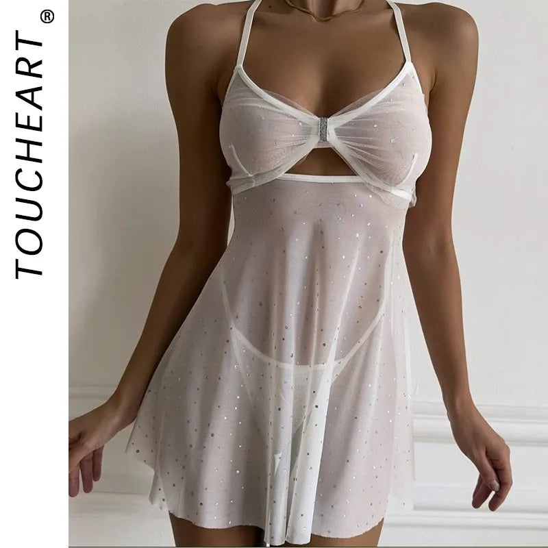 Toucheart Cute Sleeping Skirt with Panty See-through Lace Slim Backless Bow Knot Elegant Pajamas
