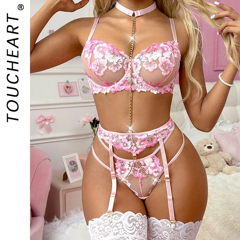 Toucheart Cute Underwear Floral Embroidery Lace 5PCS Slim Backless Romantic Lingerie Set