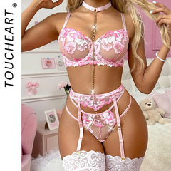 Toucheart Cute Underwear Floral Embroidery Lace 5PCS Slim Backless Romantic Lingerie Set