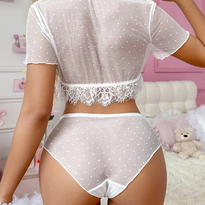 Toucheart Cute Underwear Thin Model See-through Slim Exposed Navel Bow Knot Decor Intimate Underwear Set