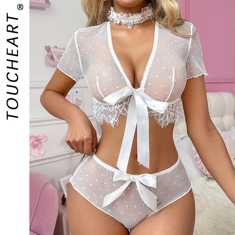 Toucheart Cute Underwear Thin Model See-through Slim Exposed Navel Bow Knot Decor Intimate Underwear Set