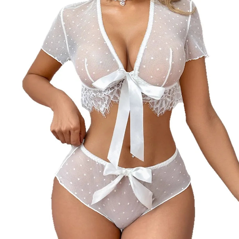 Toucheart Cute Underwear Thin Model See-through Slim Exposed Navel Bow Knot Decor Intimate Underwear Set