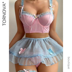 Toucheart Cute Bow Knot Lace Up Underwear Mesh See-through Backless Spaghetti Strap Set