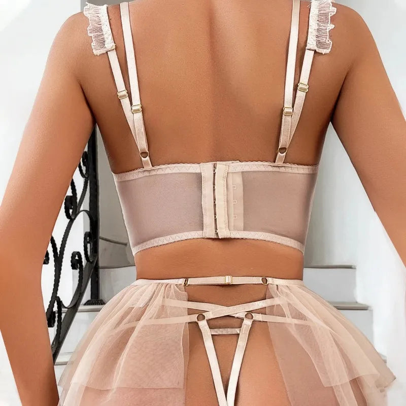 Toucheart Diamond Embroidery Strappy Mesh Tutu Skirt Lingerie Set Push Up Bra Girl Underwear Luxury Support Underwear
