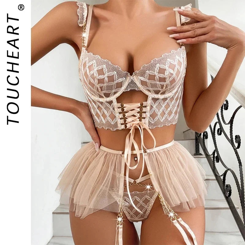 Toucheart Diamond Embroidery Strappy Mesh Tutu Skirt Lingerie Set Push Up Bra Girl Underwear Luxury Support Underwear