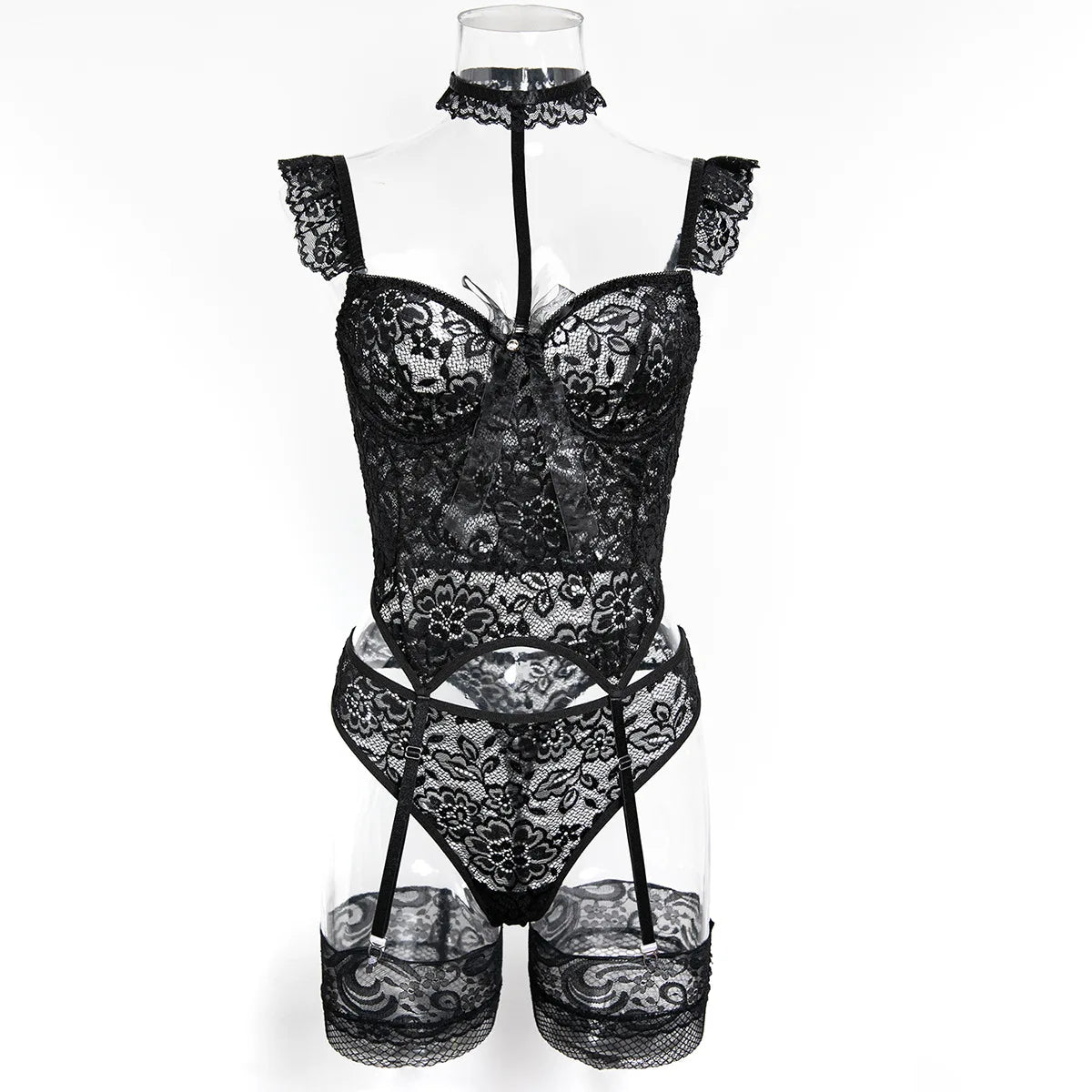 Toucheart Elegant Halter Lingerie Lace Floral Embroidery Slim Black Bow Knot Decor Romantic Underwear Set