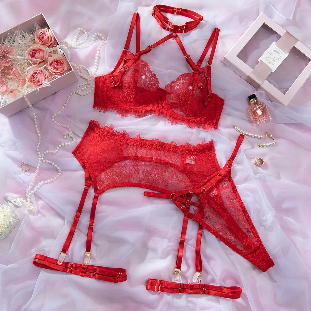 Toucheart Embroidery Eyelash Lingerie Panty Garters Halter Cross See-through Underwear Set