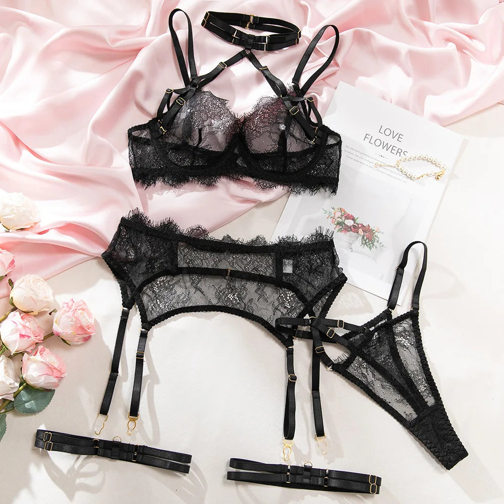Toucheart Embroidery Eyelash Lingerie Panty Garters Halter Cross See-through Underwear Set