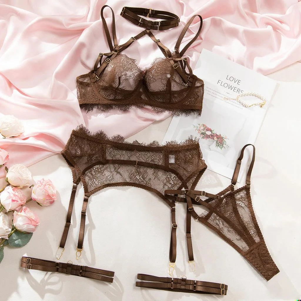 Toucheart Embroidery Eyelash Lingerie Panty Garters Halter Cross See-through Underwear Set